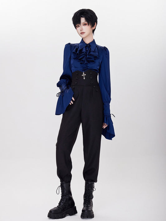 Shimmering Black Ouji Pants with Silver Cross Buttons and High Waist - DevilInspired Exclusive Collection