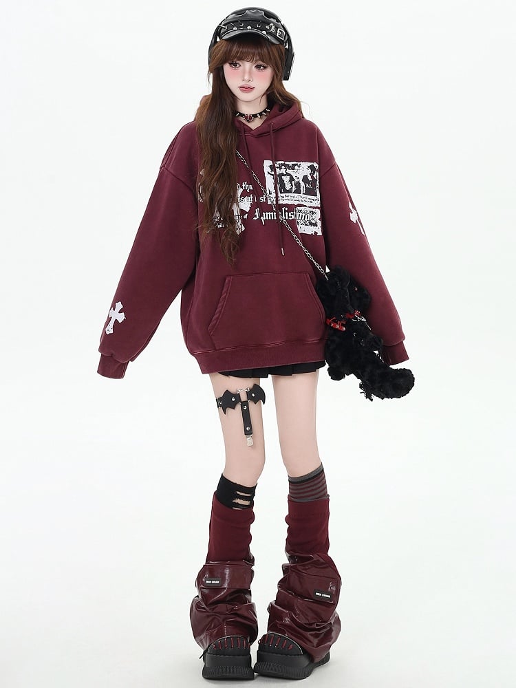 Black and Wine Red Crosses Print Graphic Hoodie