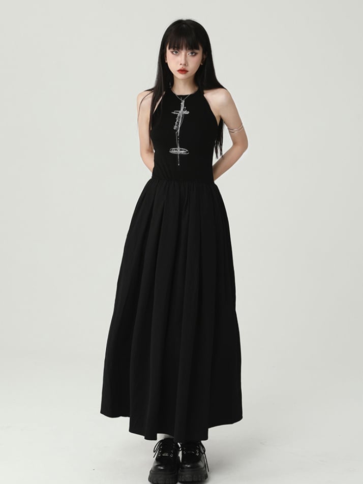 Gothic Black Round Neck Cross Sleeveless Dress