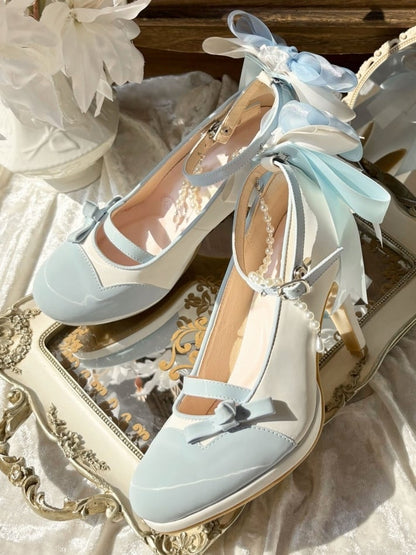 Classic Bow Elegant Embellishment Blue with White Detachable Lace Back Charm High-heel Chain Beaded Shoes