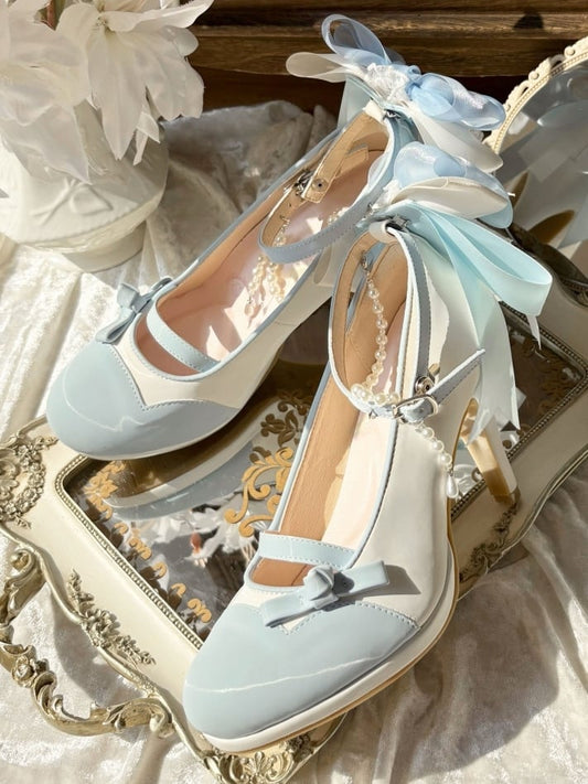 Classic Bow Elegant Embellishment Blue with White Detachable Lace Back Charm High-heel Chain Beaded Shoes