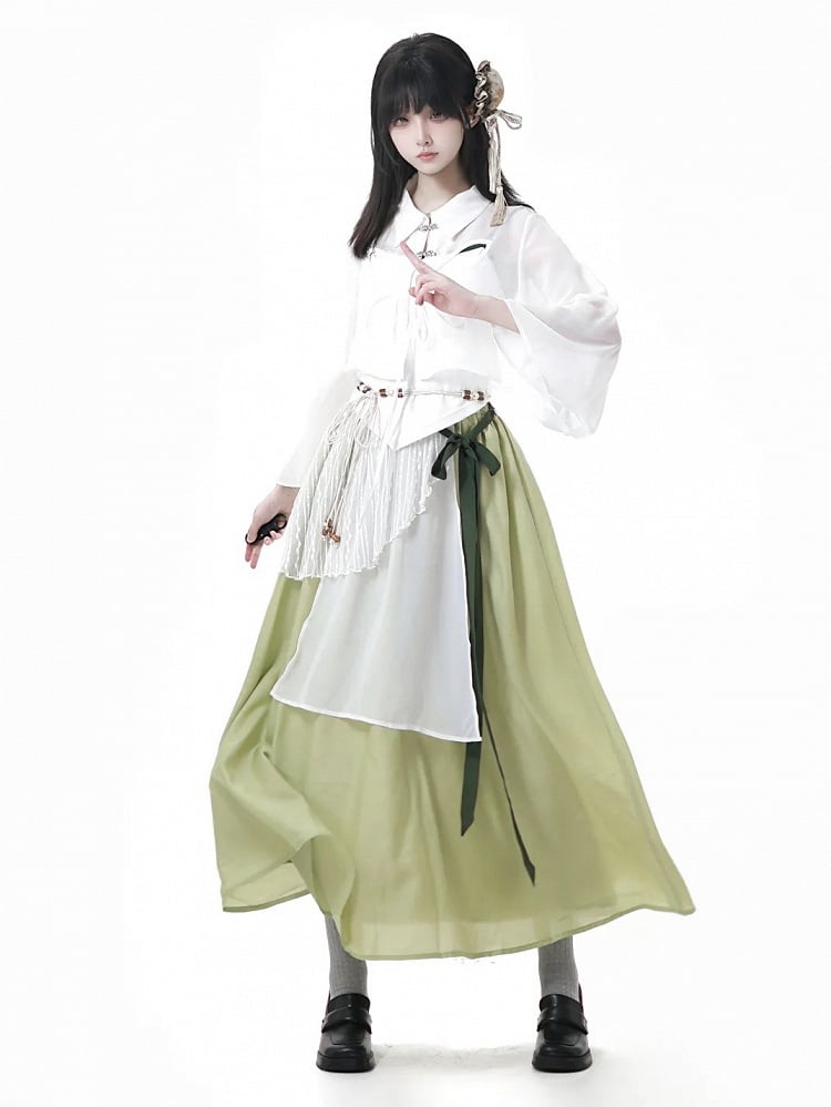 Style Green Cheongsam Elastic Waist Long Skirt with Waist Belt