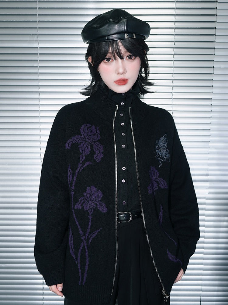 Iris Pattern Gothic Black Double Zipper Sweater Jacket - Quirky Hut