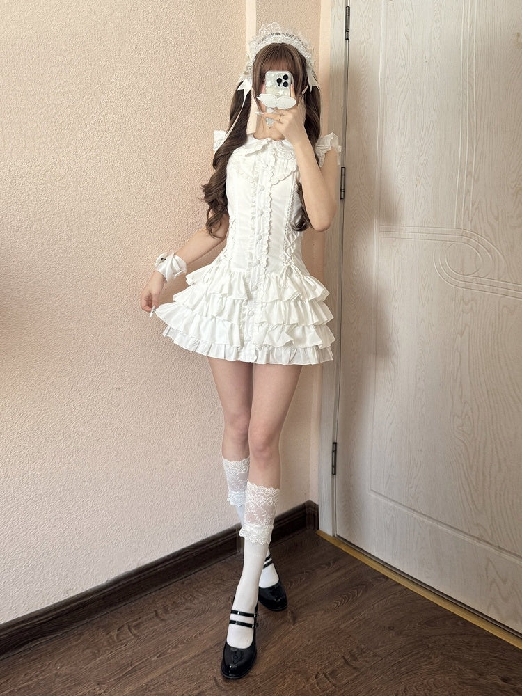Sweet Kawaii White Peter Pan Collar Flutter Sleeves Tiered Dress - Jasmine White Original Design