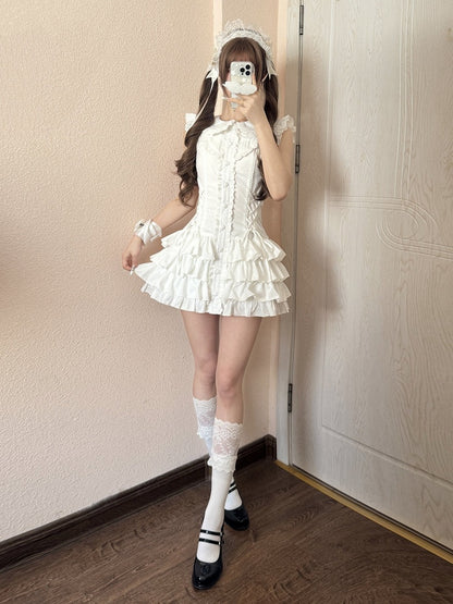 Sweet Kawaii White Peter Pan Collar Flutter Sleeves Tiered Dress - Jasmine White Original Design