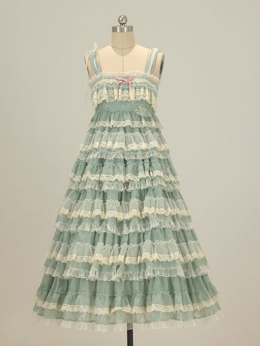 und Goldfisch-Kleid mit verstellbaren Trägern und Lolita-Rüschen, grün, mehrlagige süße Stickerei