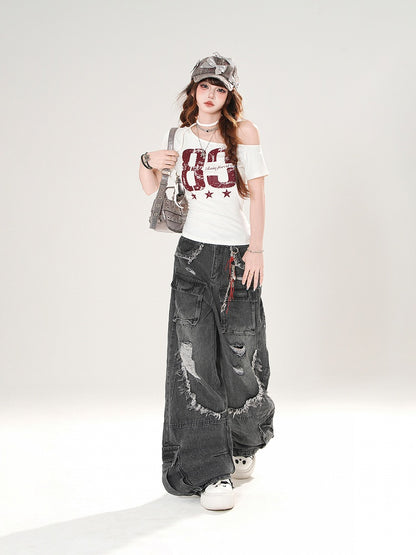 Asymmetrical Neckline T-shirt Vintage Number Print Black/White