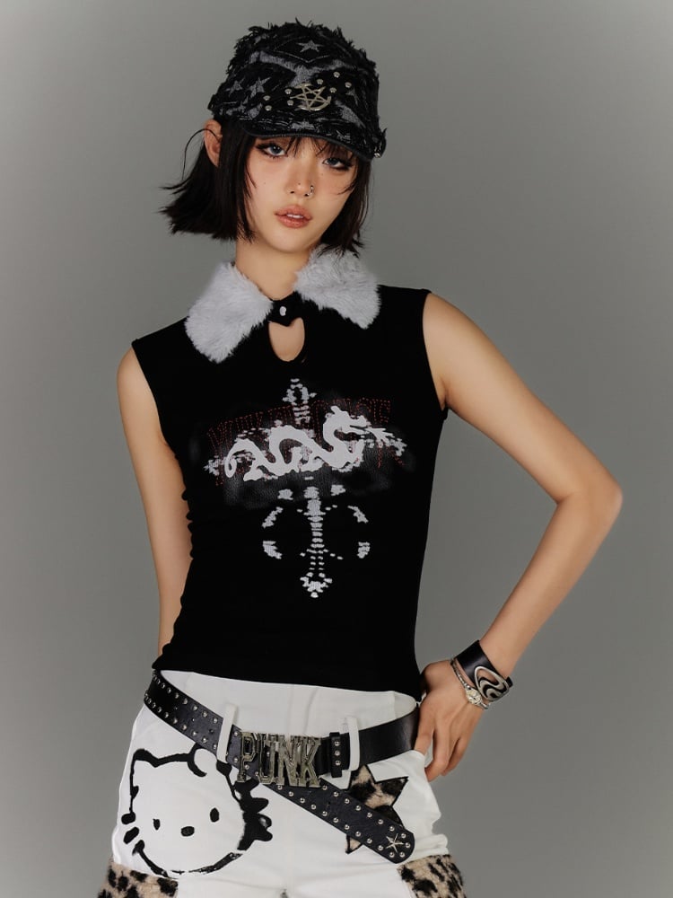 Y2K Schwarzes Plüschkragen-Druckknopf-Ausschnitt-Schlüsselloch-Grafik-Glamouröses Tanktop