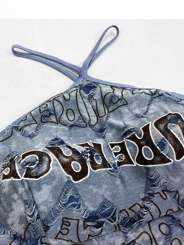 プリントホルターネックトップレターかわいいビタースイートブルーグラマラス