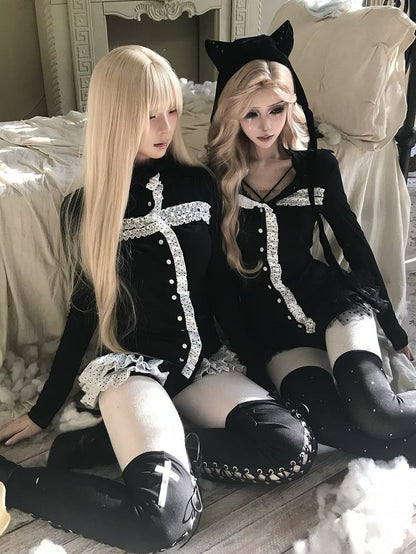 and High Goth Sleeve - Front Long White with Button Black Frill Accents Neck Top Dot