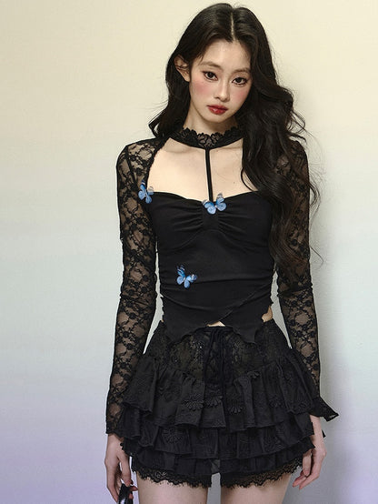 Black Butterflies Adorned Cutout Detail Halter Neck Top with Asymmetrical  Hem