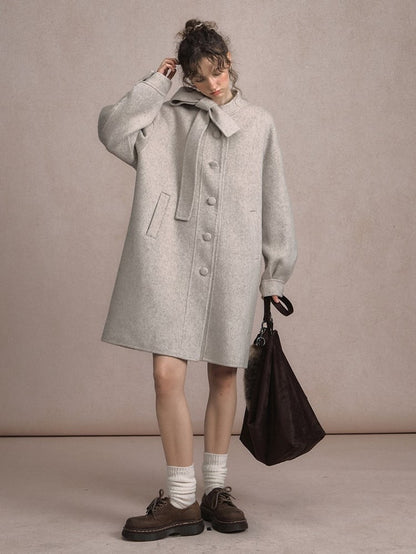 Gray Beige/Dark Vintage-Inspired Long Wool Coat with Front Button Placket and Bow Tie Collar