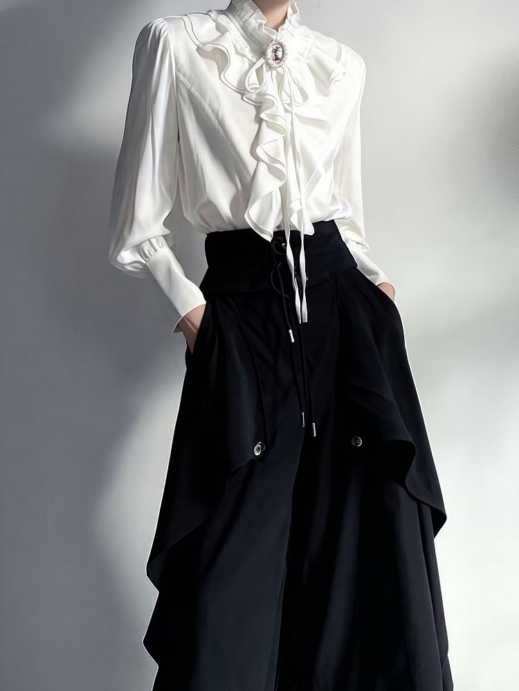 Outfit - Black Built-in Pants Jabot with + White Princecore Collar Design Blouse Corset Wide-leg