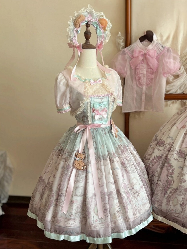 Rose & Mint Short Sleeve OP Gown with Bear Motif - Lunethe