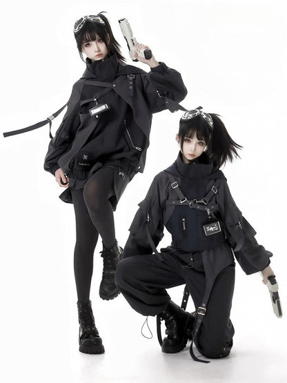 Black Buckle Straps Elastic Waist Cargo Pants