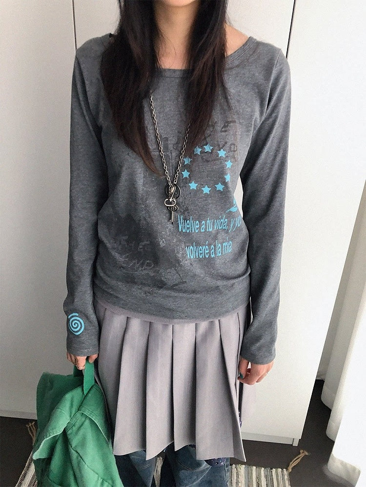 Y2K Gray Wide-Neck Long-Sleeved Fitted Tee with Distressed Graphic - innomoood