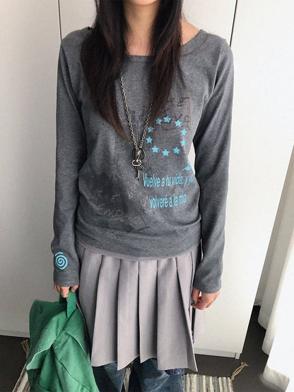 Y2K Gray Wide-Neck Long-Sleeved Fitted Tee with Distressed Graphic - innomoood