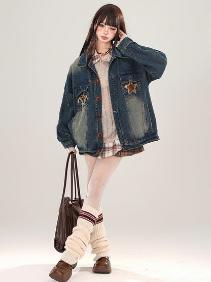 Denim Blue Star Patches Faded Wash Jacket