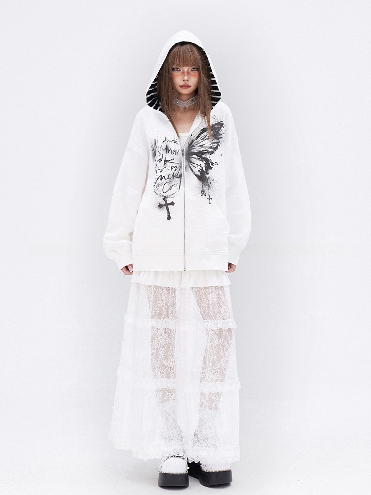 White Butterfly Cross Print Zip Closure Long Sleeves Hoodie