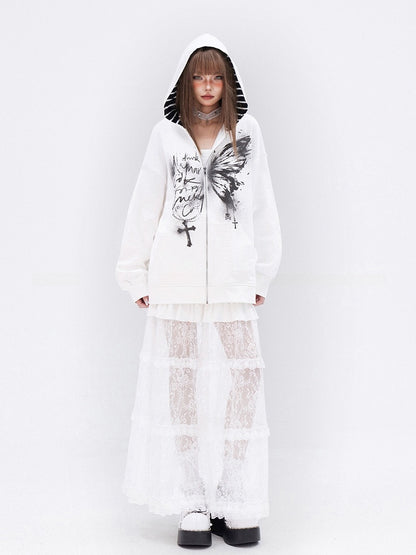 White Butterfly Cross Print Zip Closure Long Sleeves Hoodie