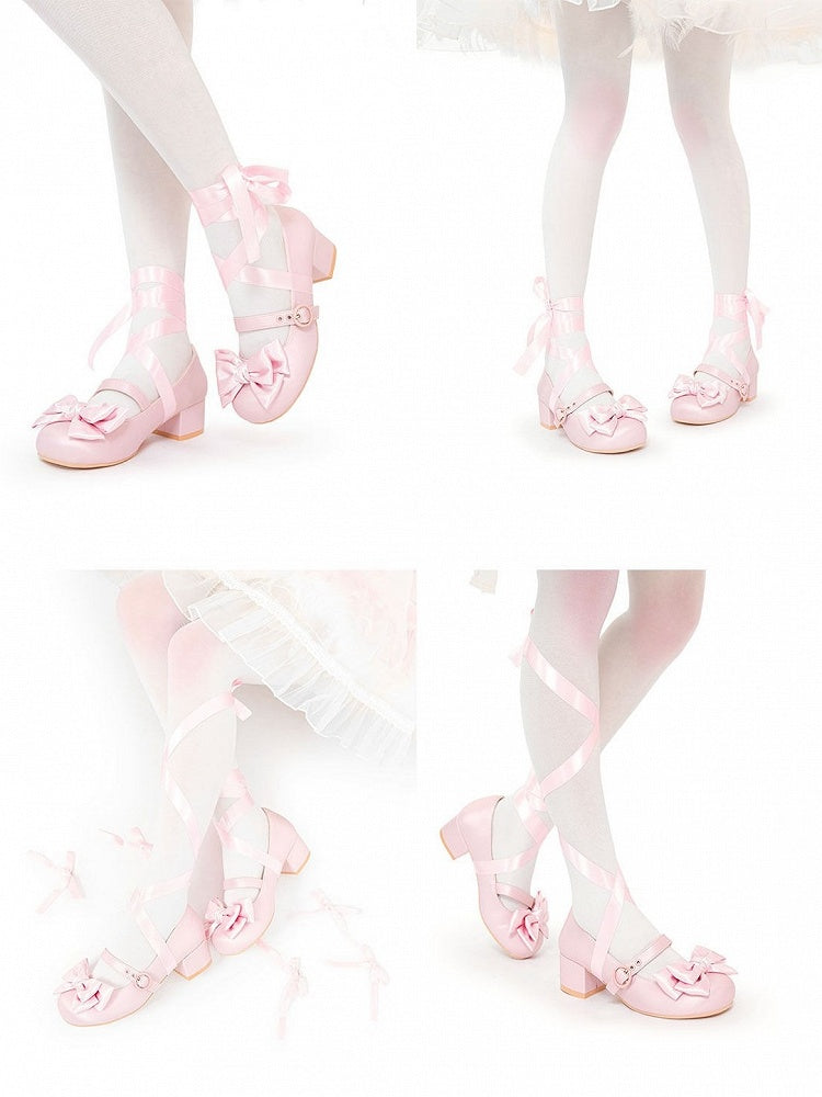 Round Toe Lace-up Bowknot Pink Lolita Heels 4.5cm - MODO