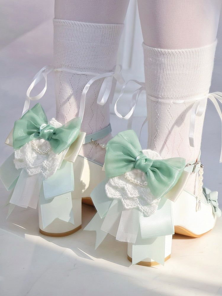 Green for Chain Lolita and with Charm Lace Back Beaded Elegant White Mid/High Trim Detachable Heels Bow Accent