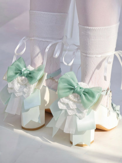 Green for Chain Lolita and with Charm Lace Back Beaded Elegant White Mid/High Trim Detachable Heels Bow Accent