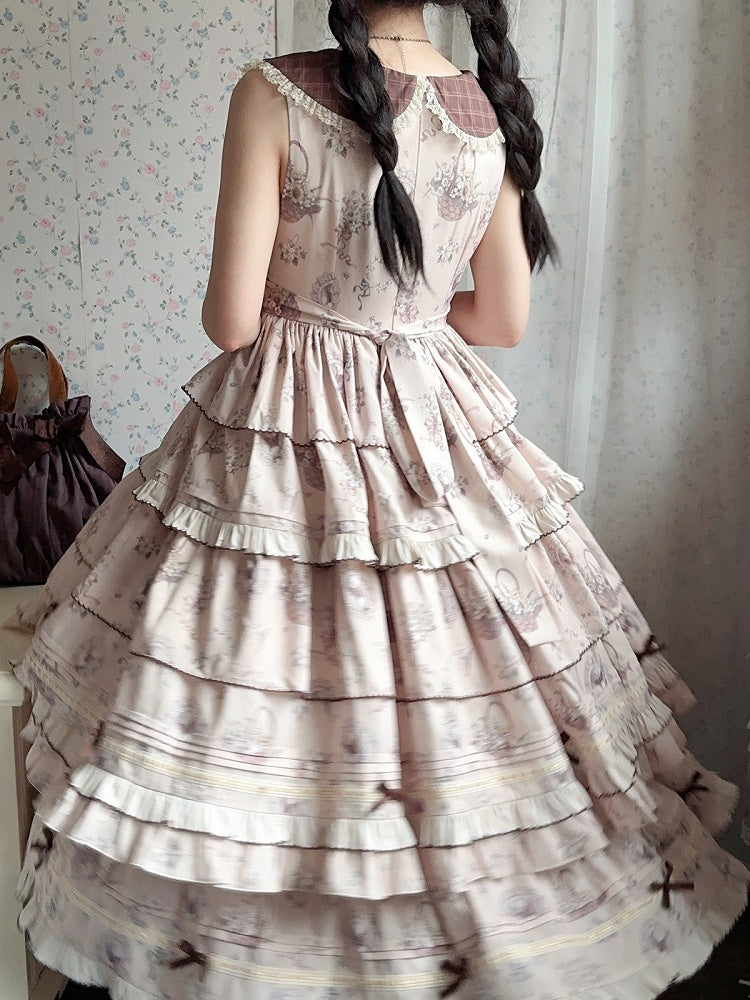 Beige & Brown Floral Print Tiered Ruffles Elegant Classic Lolita Dress with Plaid-Patterned Collar
