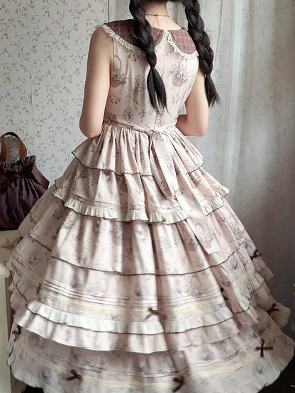 Beige & Brown Floral Print Tiered Ruffles Elegant Classic Lolita Dress with Plaid-Patterned Collar