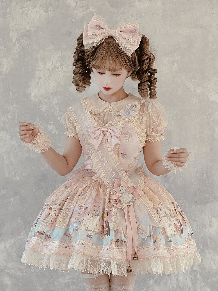 Kitty Korsett Süßes Kleid Mieder Lolita JSK Set Pink Tea Print Volle Party