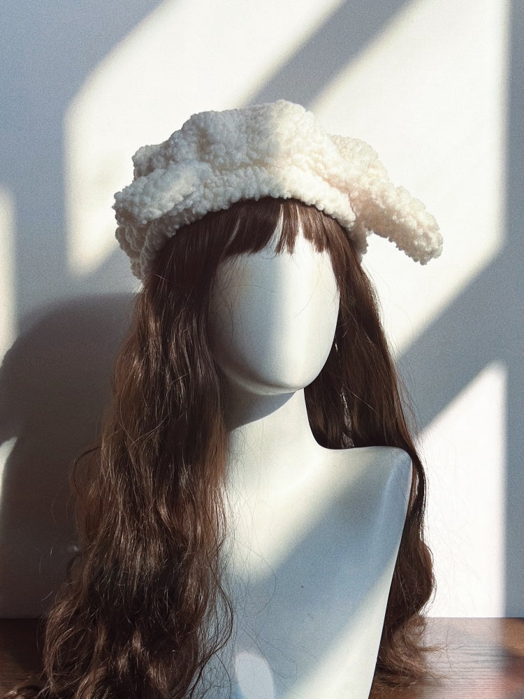 ホワイト/ブラック/レッド/ブラウンのフリース動物耳冬用ベレー帽