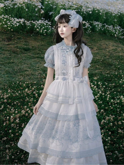 Layered Blue & White Lace Tencel Skirt with Floral Print - Yimu Walnut