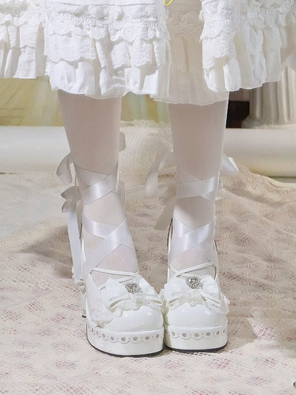 with Decor Side Janes Beaded Decorative Detachable Heart White Heel Mary Bow Chunky Snap