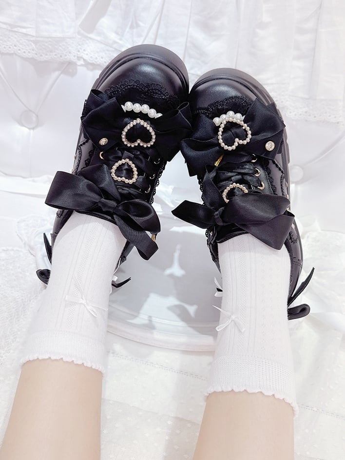 - Kei Lace-Up Shoes Heart Details Black Platform Trim Jirai with Beaded Bow Lace Design Rhinestone