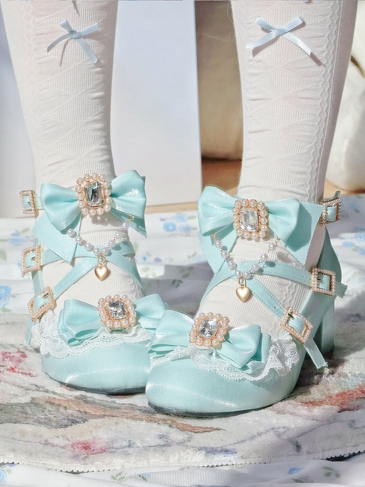 Sophisticated Lolita Lace Mint Mid - Blue Trim Heels