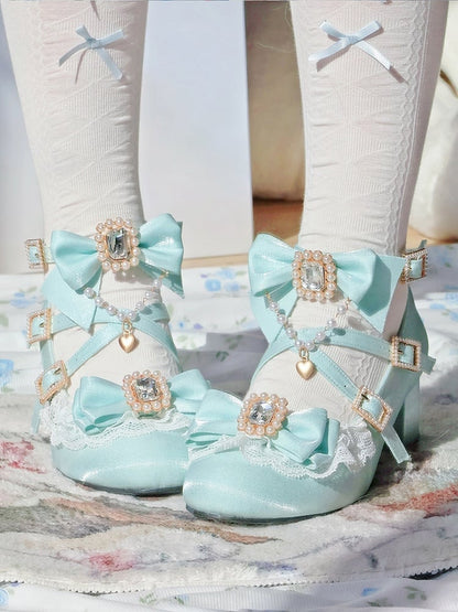 Sophisticated Lolita Lace Mint Mid - Blue Trim Heels