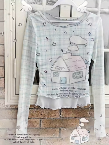 ブルーのチェック柄ティアードフリルスコートハウスプリントフェイクツーピーストップ/モダール