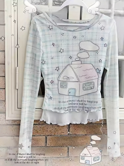 Tiered Ruffles Skort House Print Faux Two-Pieces Top/Modal Blue Plaid Pattern