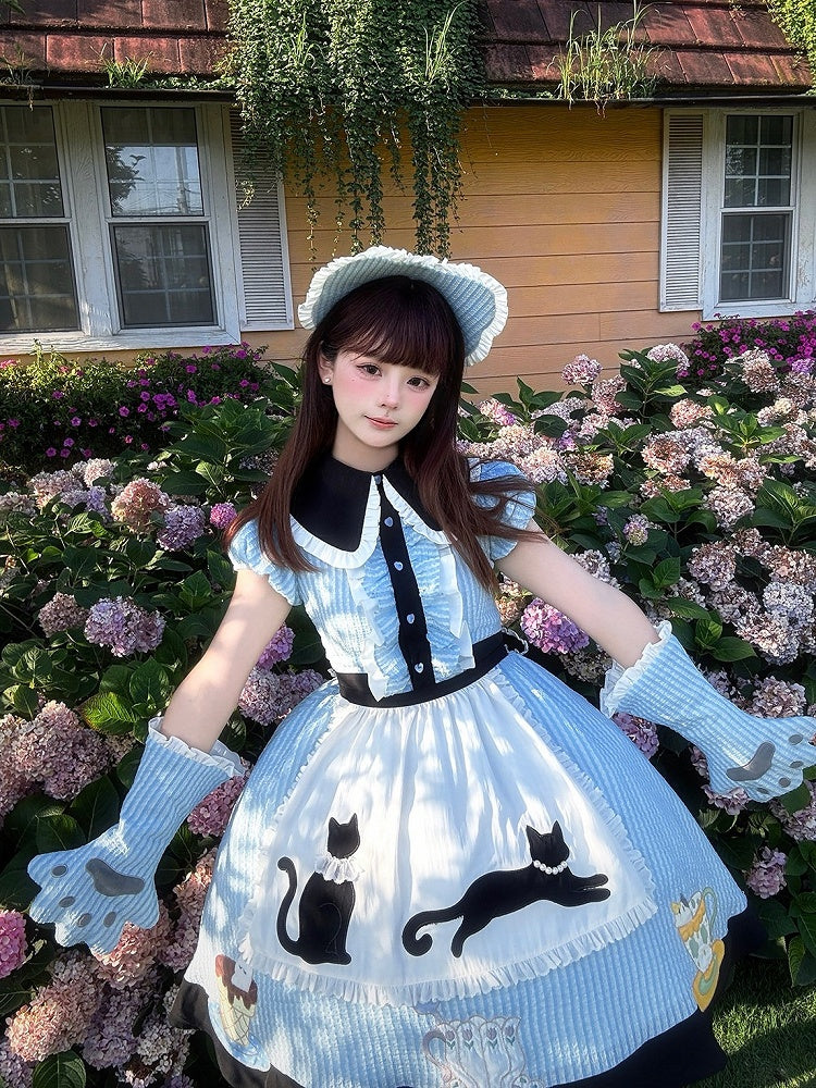 Kawaii Tea Cup Cat Theme Blue & Black Lolita Dress Set with Embroidery & Lace Trim - Rock Candy Box