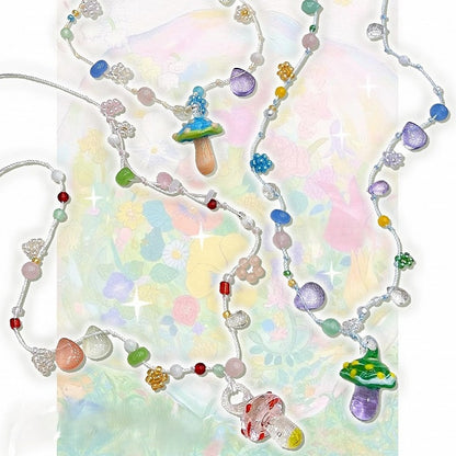 Y2K Blau/Rot/Lila Süße Halskette Pilz Perlen