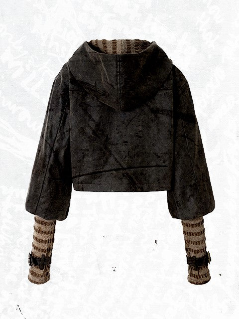 Dark Vintage Knit Jacket Hoodie with Green Paneling Suede