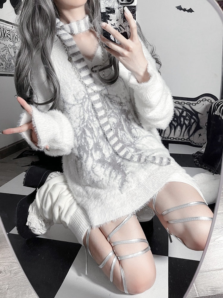 Print with Character Faux Fur White Sweater Cartoon