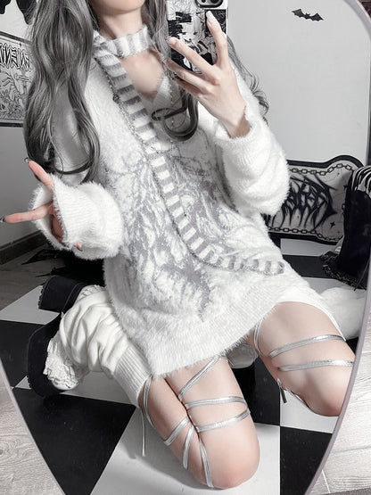 Print with Character Faux Fur White Sweater Cartoon
