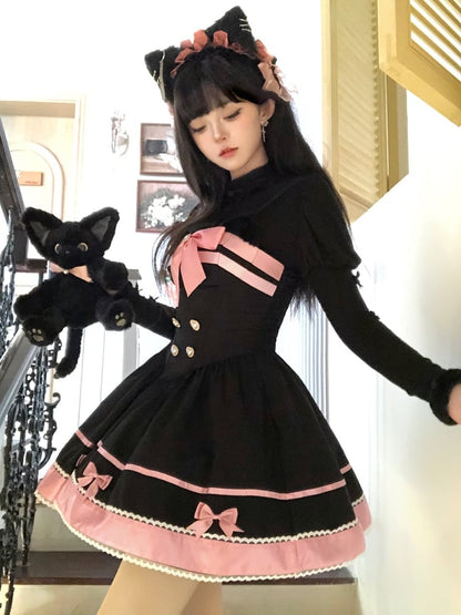Schwarz-rosa Katzenohren Schleife Akzente Basken Taille Süßes Kleid Lolita Pullover Rock