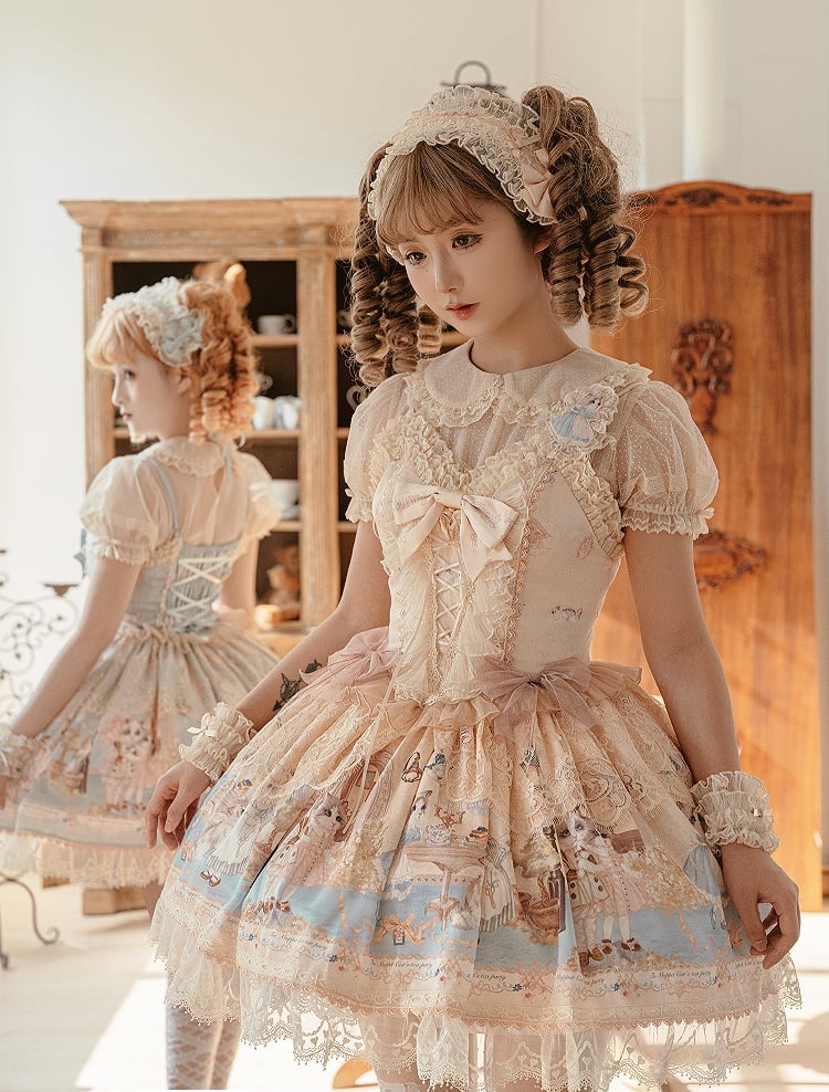 Kleid Volles Mieder Print Teeparty Korsett Set Lolita Kitty Sweet JSK Beige