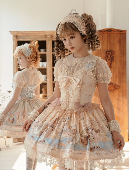 Korsett Beige JSK Süßes Set Party Volldruckkleid Kitty Mieder Lolita Tee
