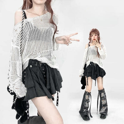 White Y2K Sun-Protective Long Sleeve Top with Asymmetrical Shoulder Design