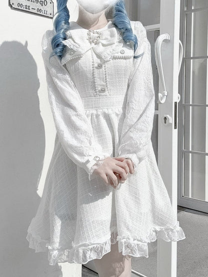 with Long Jirai Dress Kei Tweed Lace Sleeves White