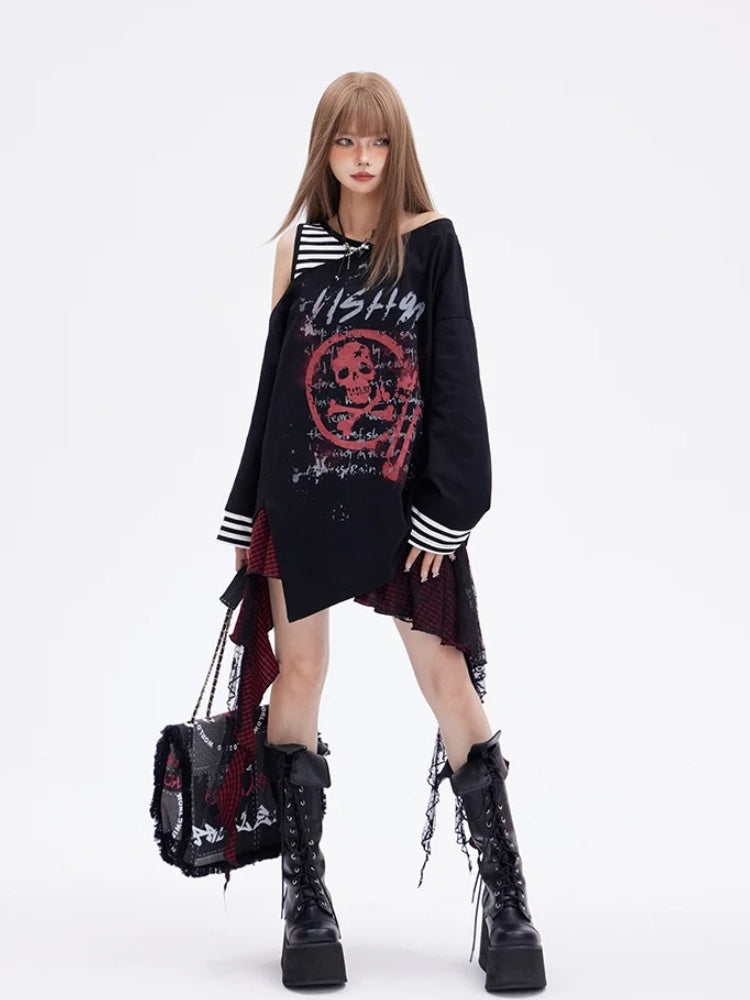 Print Skelett Punk Top Faux Zweiteiler Glamourös Schwarz Asymmetrischer Ausschnitt und Saum