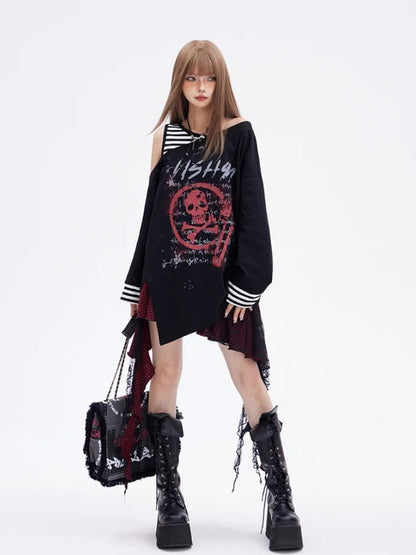 Print Skelett Punk Top Faux Zweiteiler Glamourös Schwarz Asymmetrischer Ausschnitt und Saum